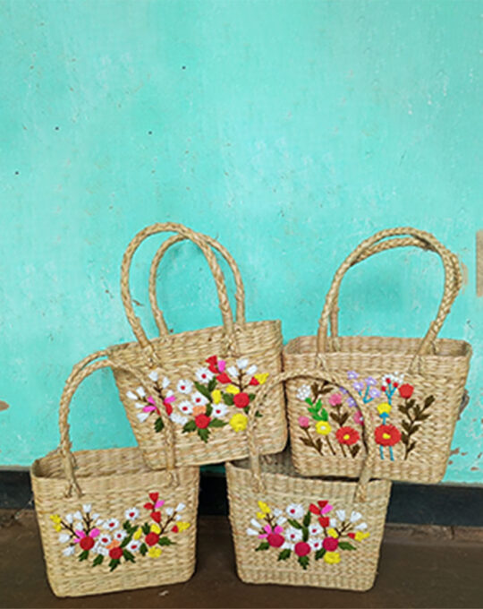 Handwoven Natural Fiber Tote Bag with Floral Embroidery 8" x 10" x 5" - Eco-Friendly and Stylish